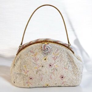 Vintage Domar Beaded Floral Clutch Evening Bag Gold Chain Handle